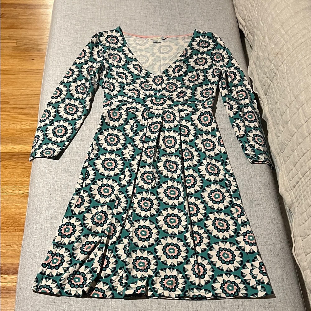 Boden Teal and Cream Floral Long Sleeve Dress